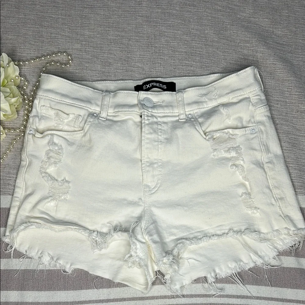 Express White Jean Shorts with Distressed Hem